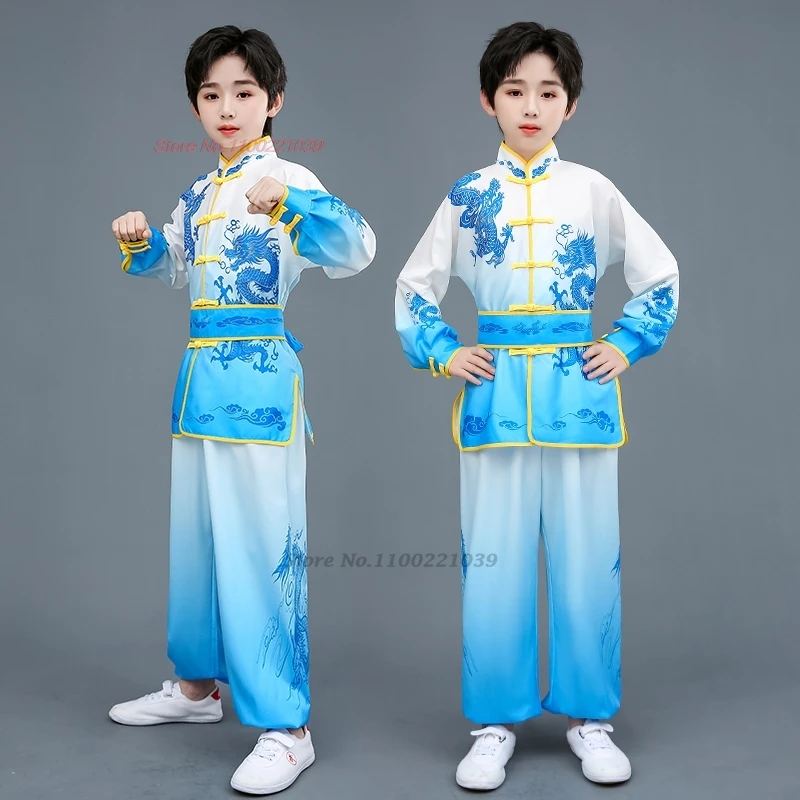 2025 chinese vintage children wushu set dragon print wushu kung fu set martial arts wing chun tai chi training exercise practice