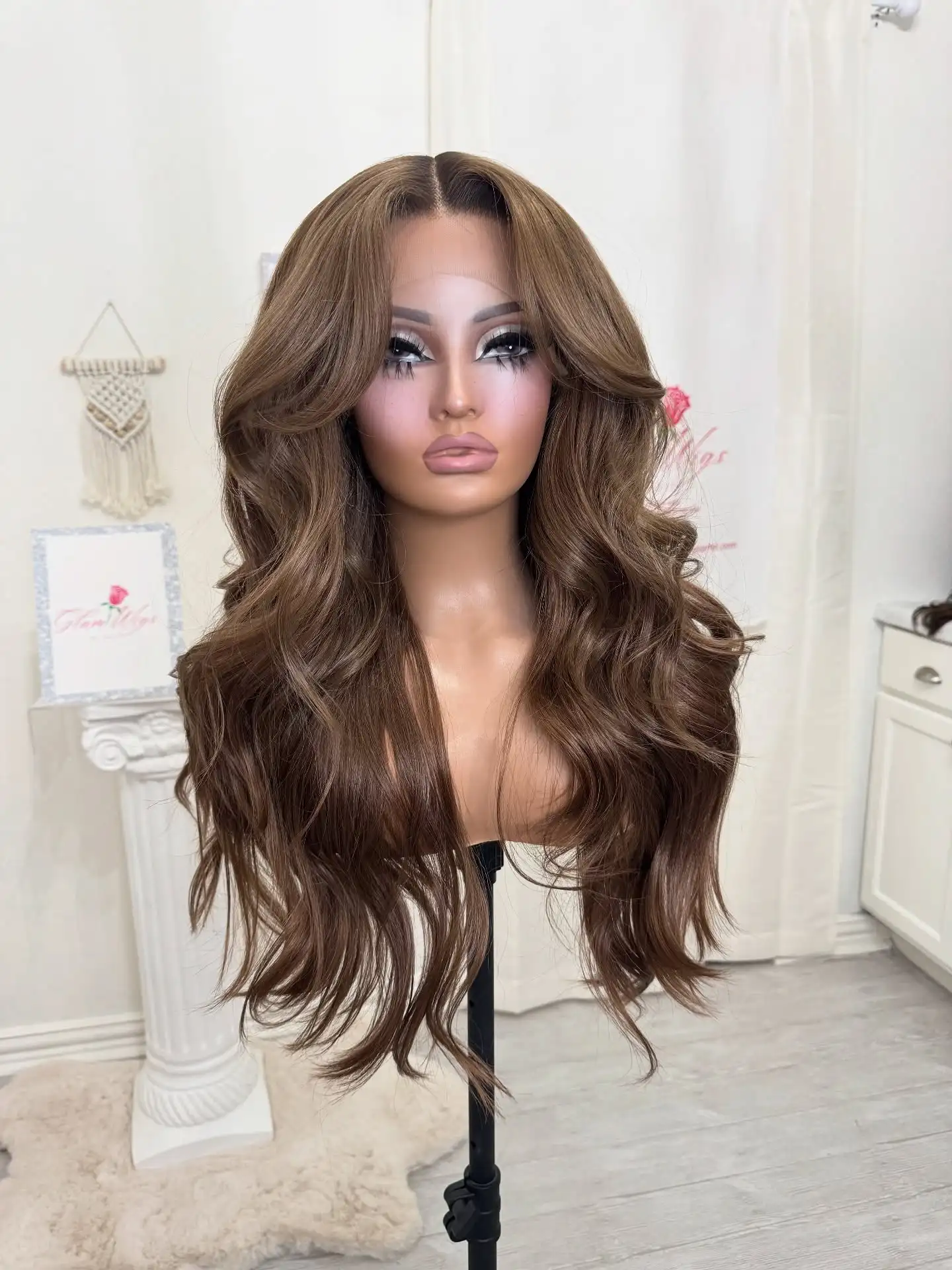 موضة 13x4 أومبير بني كستنائي داكن شعر مستعار مظهر واقعي شعري طبيعي غلويليس الباروكات صغيرة كبيرة الحجم قبعة طويلة فضفاضة موجة شعر مستعار #4