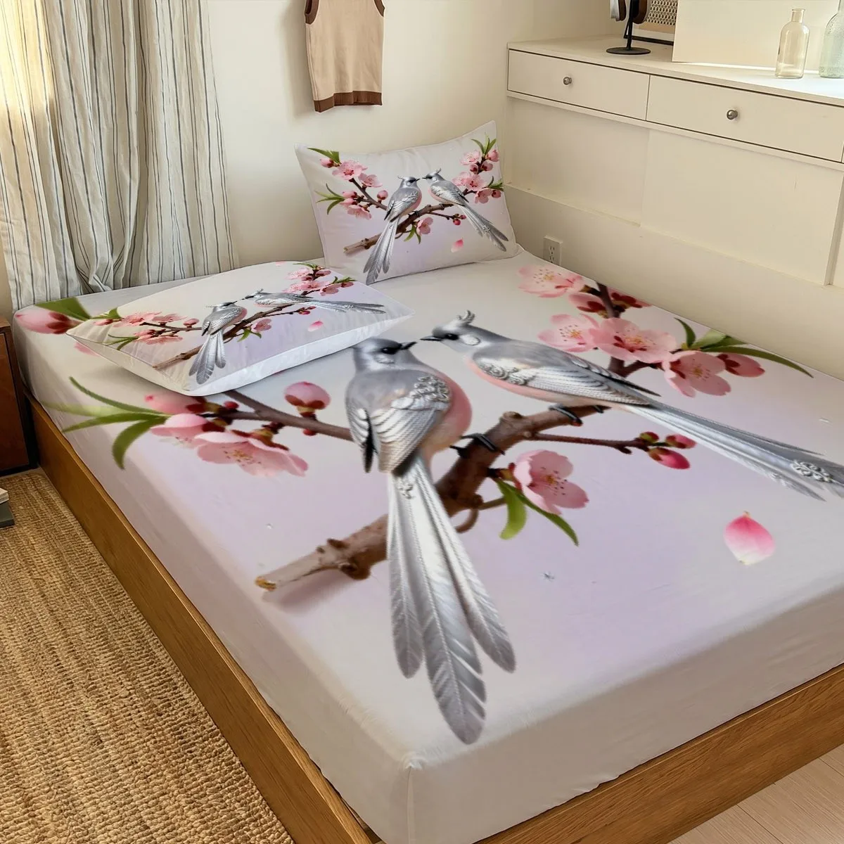 Three-Piece Fitted Sheet Set, Three-Piece Bedding Set (Includes 1 Fitted Sheet + 2 Pillowcases), Romantic 2D Digital Print Three-Piece Set, 2D Flat Print Fitted Sheet, Tropical Dolphin Rainbow Theme Bedding, Floral Palm Tree Print, Resort Poolside Fitted Sheet Style, Machine Washable Design, Holiday Decoration, Various Sizes, Breathable Protective Cover, Mattress Protector, Pillowcase Included