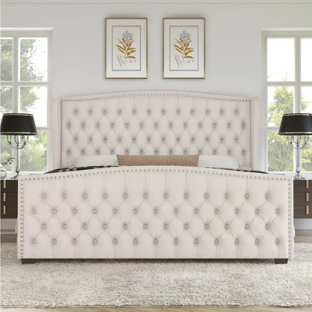 Platform Bed Frame, Velvet Upholstered Bed with Deep Button Tufted & Nailhead Trim Wingback Headboard/No Box Spring Required/