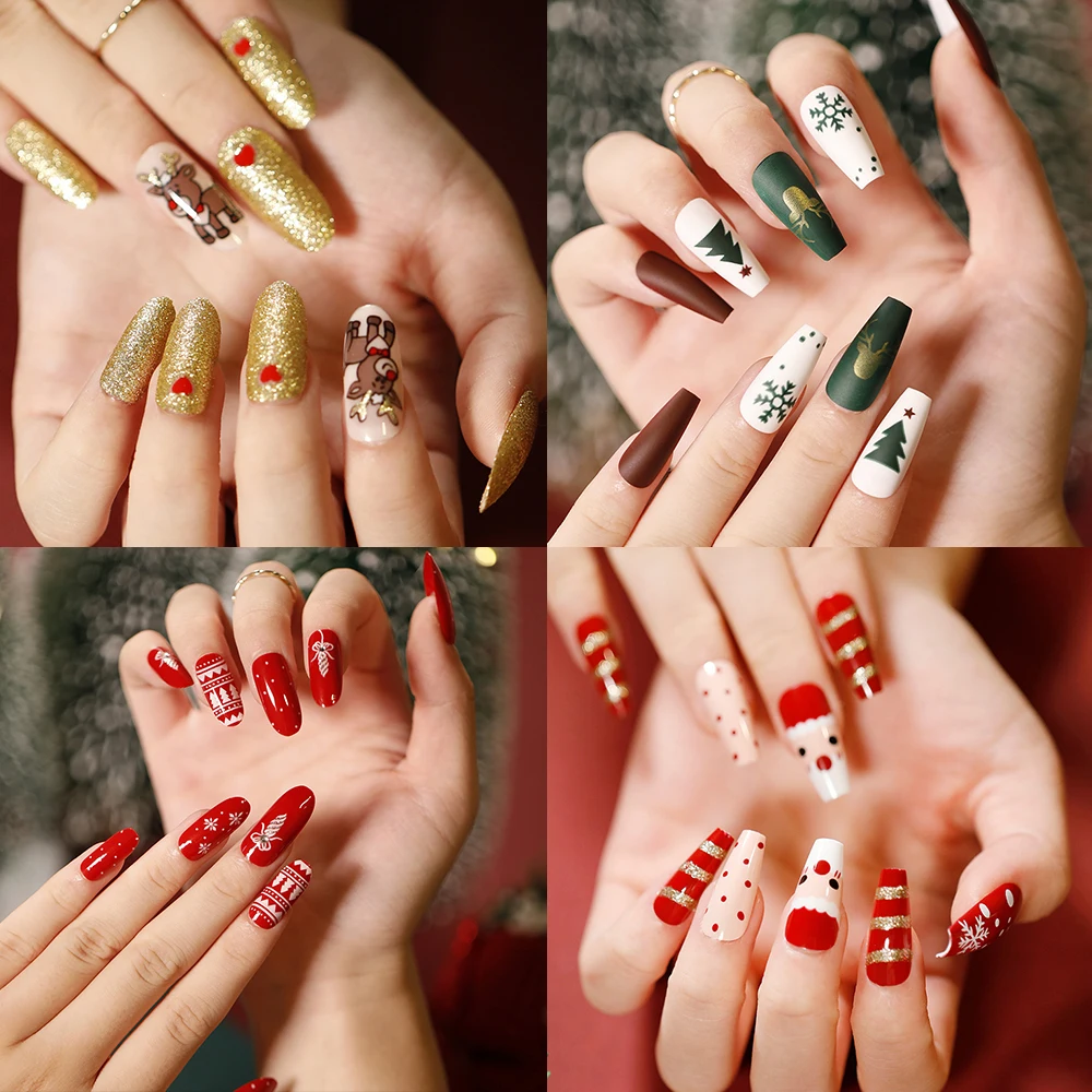 

24Pcs Christmas Design Fake Nail Elk Snowflake Design False Nails Art Full Cover Removable Wearable Press On Nail Christmas Gift