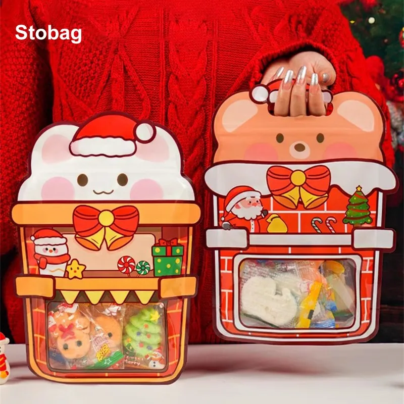 StoBag 10pcs Marry Christmas Ziplock Bags Candy Snack Packaging Tote Handle Cute Small Kids Cartoon Plastic Sealed Food Storage