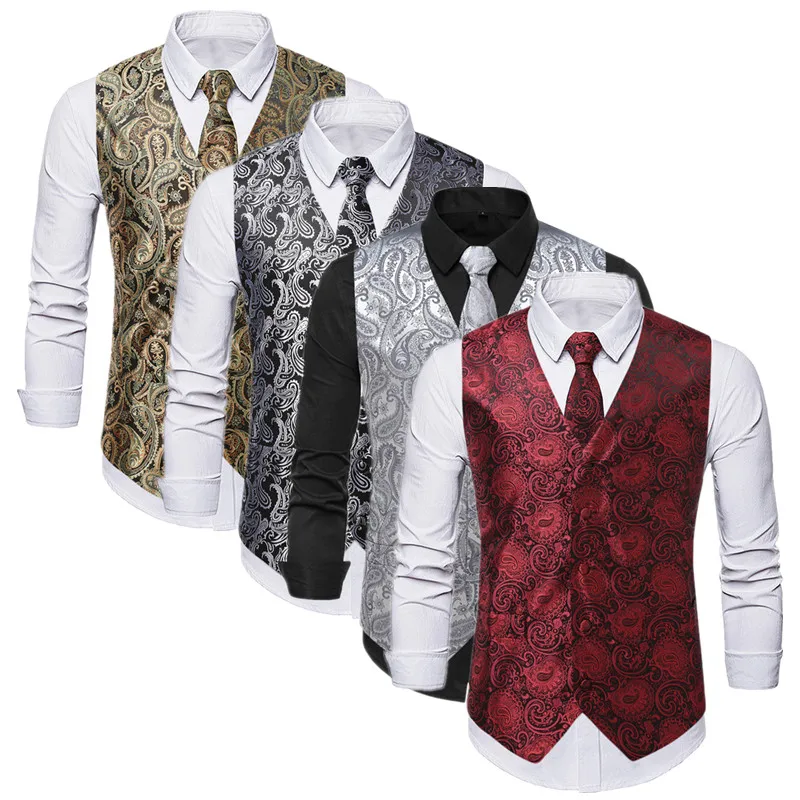 

Новый мужской свободный жаккардовый тонкий костюм, жилет, модное платье для свадебной танцевальной вечеринки, жилет без галстука