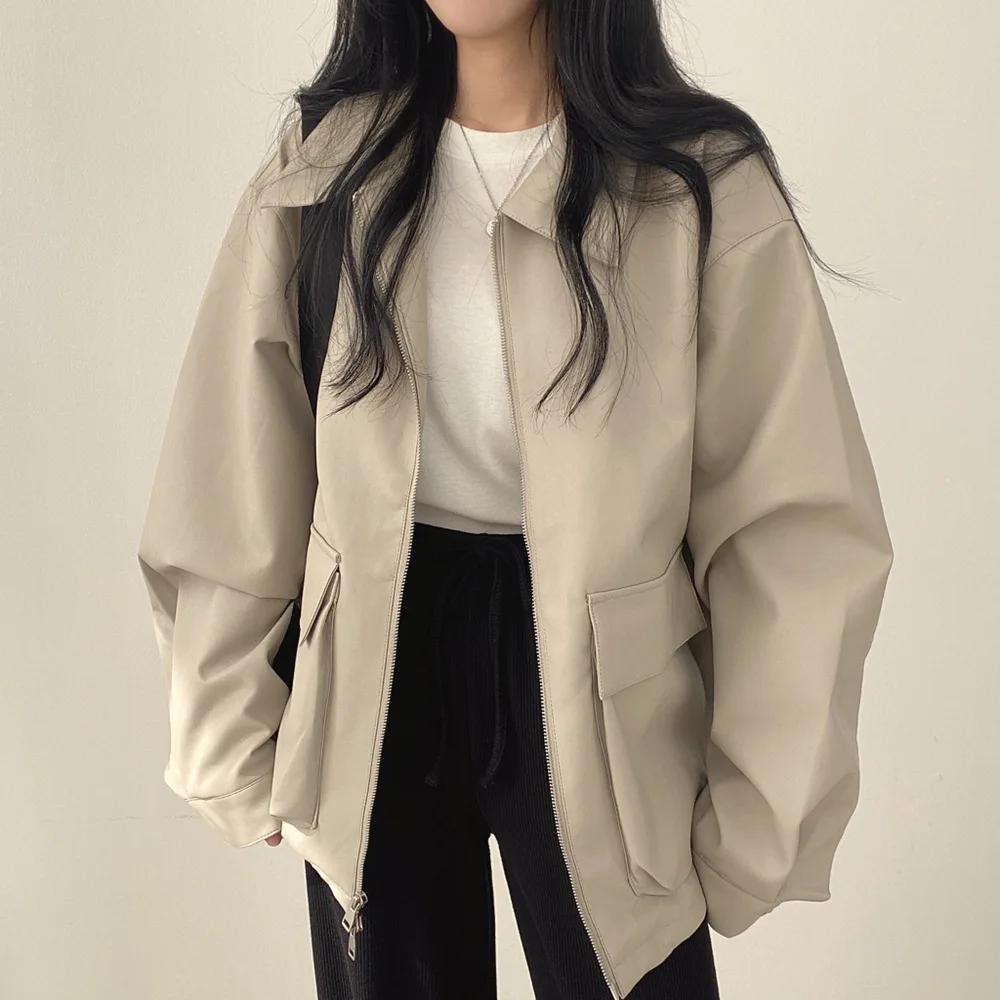 Women Casual Faux Leather Short Jackets Y2k Drawstring Hem Turn Down Collar Long Sleeves Dual Zipper Loose Jacket 2025 Autumn - Image 3