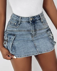 Mini jupe en jean taille haute sans élastique pour femme, jupe courte en jean rétro, bouton de décoration de poche, mode décontractée, été 2024