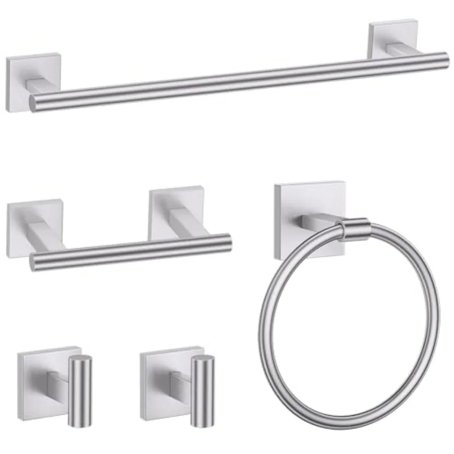 

Bathroom hardware set: brushed nickel finish, SUS304 stainless steel, 24-inch round towel bar kit, wall-mounted, 5-piece access