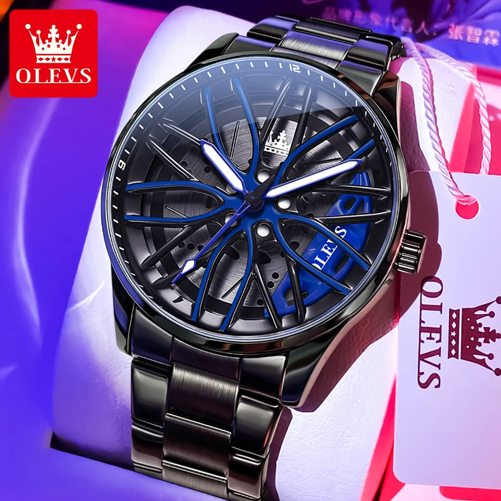 OLEVS New 9937 Luxury Original Watch for Men Wheel Hub 360° Rotary Dial Skeleton Waterproof Luminous Sport Quartz Wristwatch