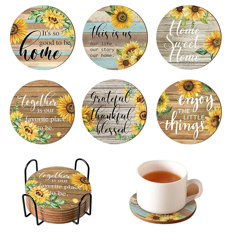 6 Pcs Vintage Sunflower Drink Coasters with Holder Absorbent Wood Drink Coaster Thank You Gifts for Christmas Home Decoration