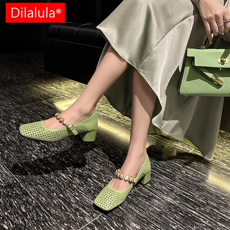 

Dilalula 2025 г., летние туфли-лодочки из натуральной кожи, женские дышащие летние туфли Мэри Джейн с разноцветными камнями, платье для молодых дам