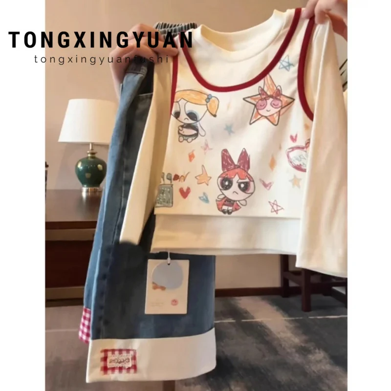 

Girls' Faux Two-Piece Long SleeveTTrendy Cartoon Top and Denim Pants Two-Piece Set for Girls, Spring and Autumn New Fashion