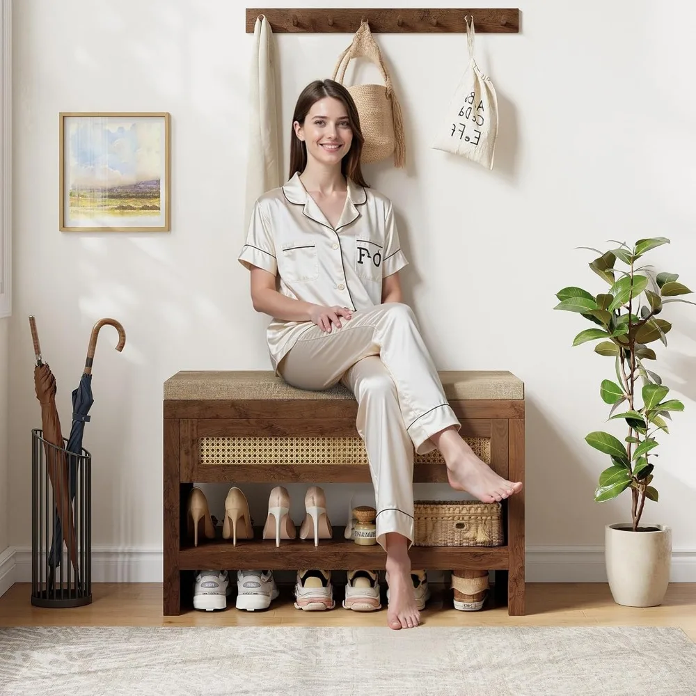 مقعد تخزين أحذية الروطان المبطن، درج ورف مزرعة مقاس 31 بوصة، مقعد منظم مدخل خشبي