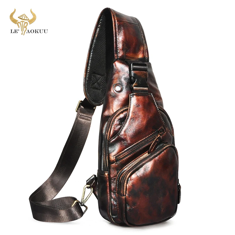 

Hot Sale Natural Cow Leather Women Fashion Travel Triangle Chest Sling Bag Design 8" Tablet Shoulder Strap Bag Daypack Male 8015