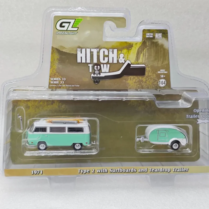 Greenlight 1:64 1971 T2 مع ألواح ركوب الأمواج وعربة خلفية من خليط معدني نموذج سيارة مجموعة ثابتة لعبة عطلة مزينة #2