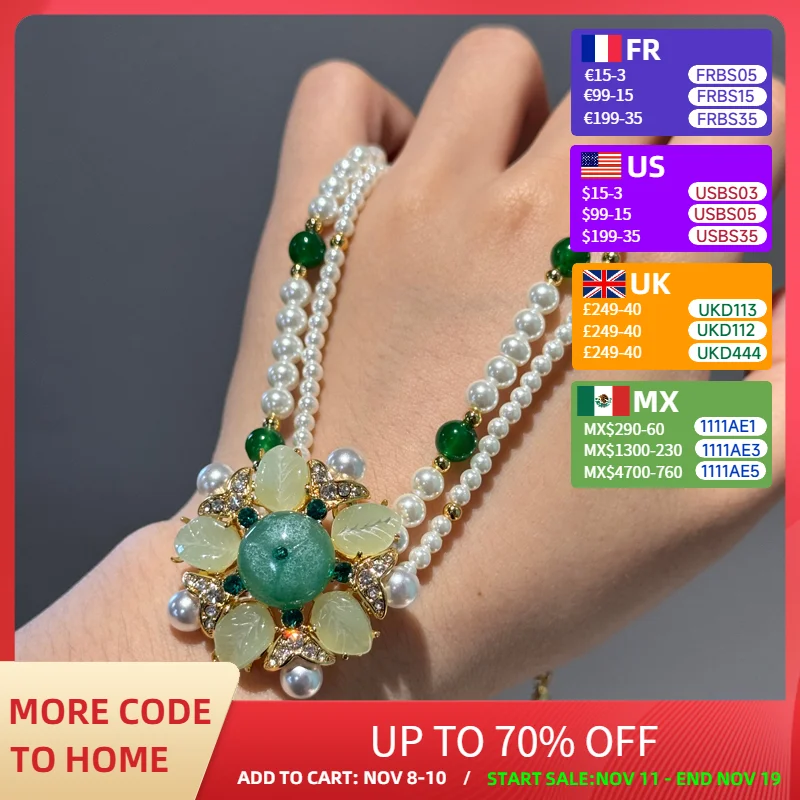 

Vintage Layered Twisted Pearl Necklace Jewelry Green Flower Pendant Crystal Woman Natural Stone Luxury Summer Accessories 2025