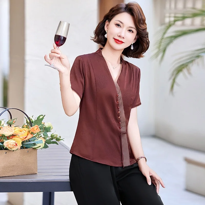 

Модный летний комплект для мам: новая китайская футболка в национальном стиле для женщин 50 лет, с коротким рукавом