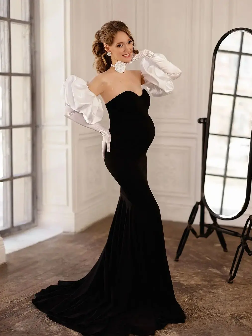 Black Mermaid Soft Satin Maternity Photography Dress with Puff Sleeves Long Train Pregnancy Baby Shower Gown for Photoshoot