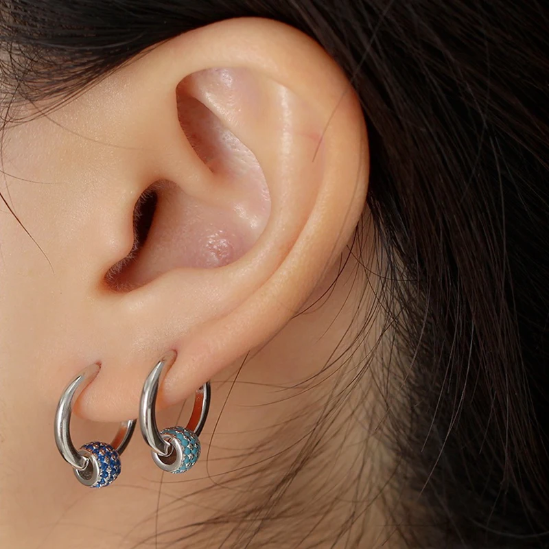 925 Sterling Silver Ear Needle Fashionable Literary and Fresh Geometry Silver Blue Turquoise Round Earrings Pendant Ear Jewelry