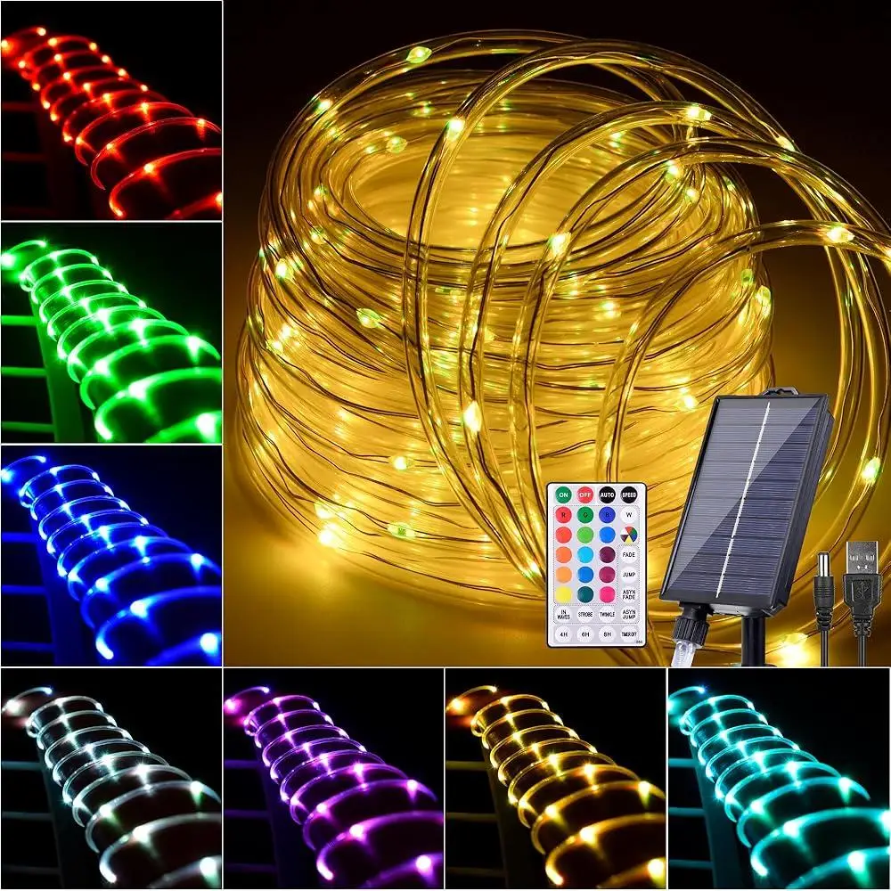 49FT Solar Rope Lights Outdoor Waterproof 150 LEDs Remote Control 18 Colors Changing Timer USB Rechargeable IP68 Fairy String