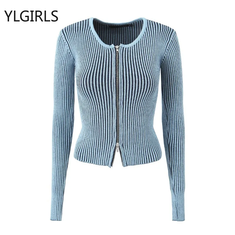 

2024 Autumn for Women Crop Tops Vintage Korean Retro High Street Double Zipper Sweater Cardigan Knit Jacket Tops