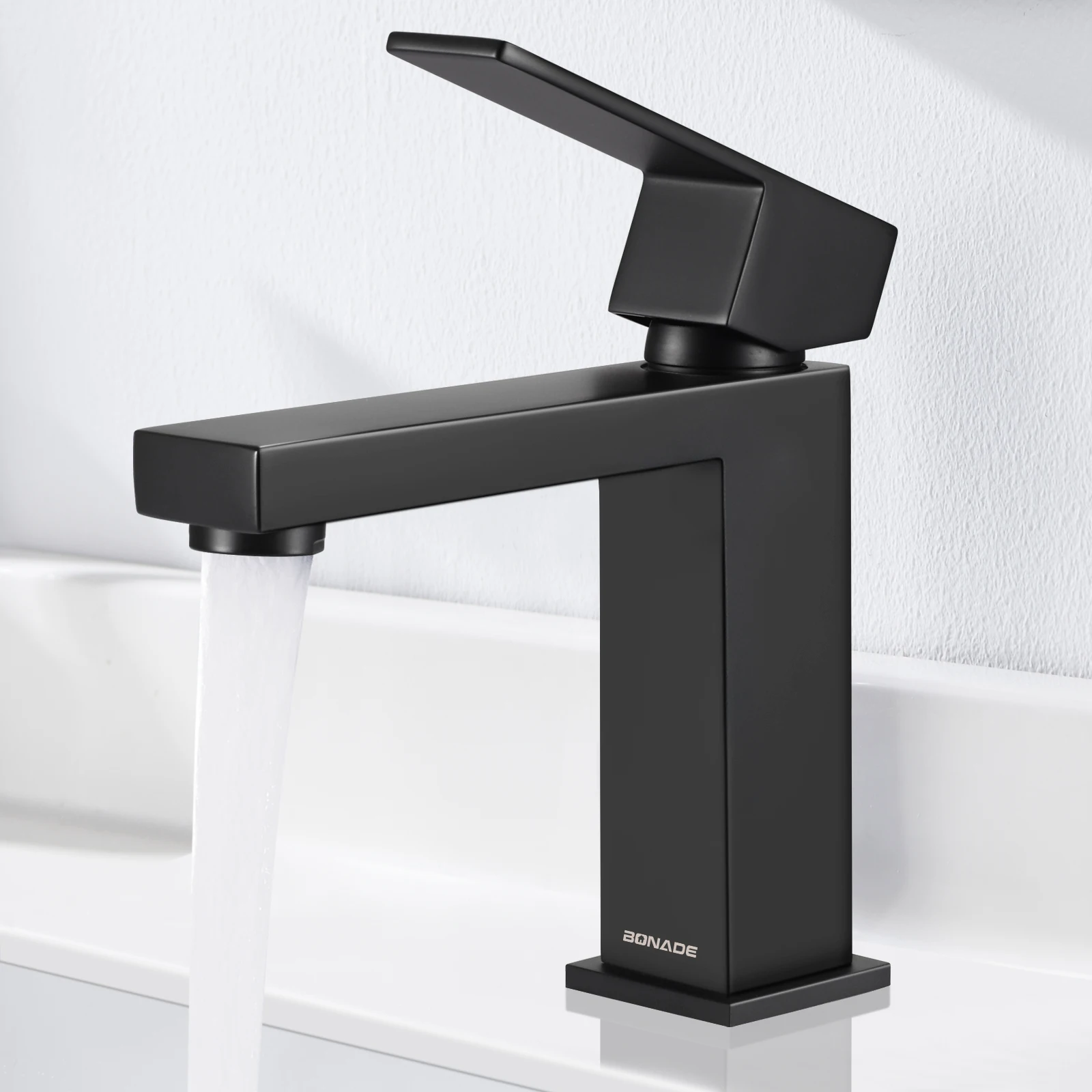 Grifo Mezclador de Baño Negro Mate, Grifo de Lavabo Cuadrado de Acero Inoxidable SUS304 con una Sola Palanca y Agua Fría/Caliente para Lavabos