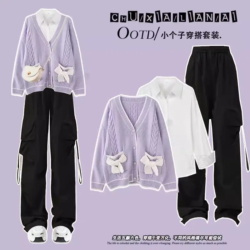 Spring and Autumn Set Female Student Korean Edition Loose Cardigan Sweater Jacket+shirt+drawstring Pants Three Piece Set