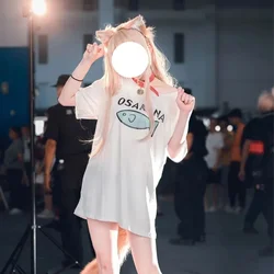 Neko Osakana Cat Ear Girl Cosplay Cute Fish Print T-Shirt with Collar Cos Soybean Yellow Clothing