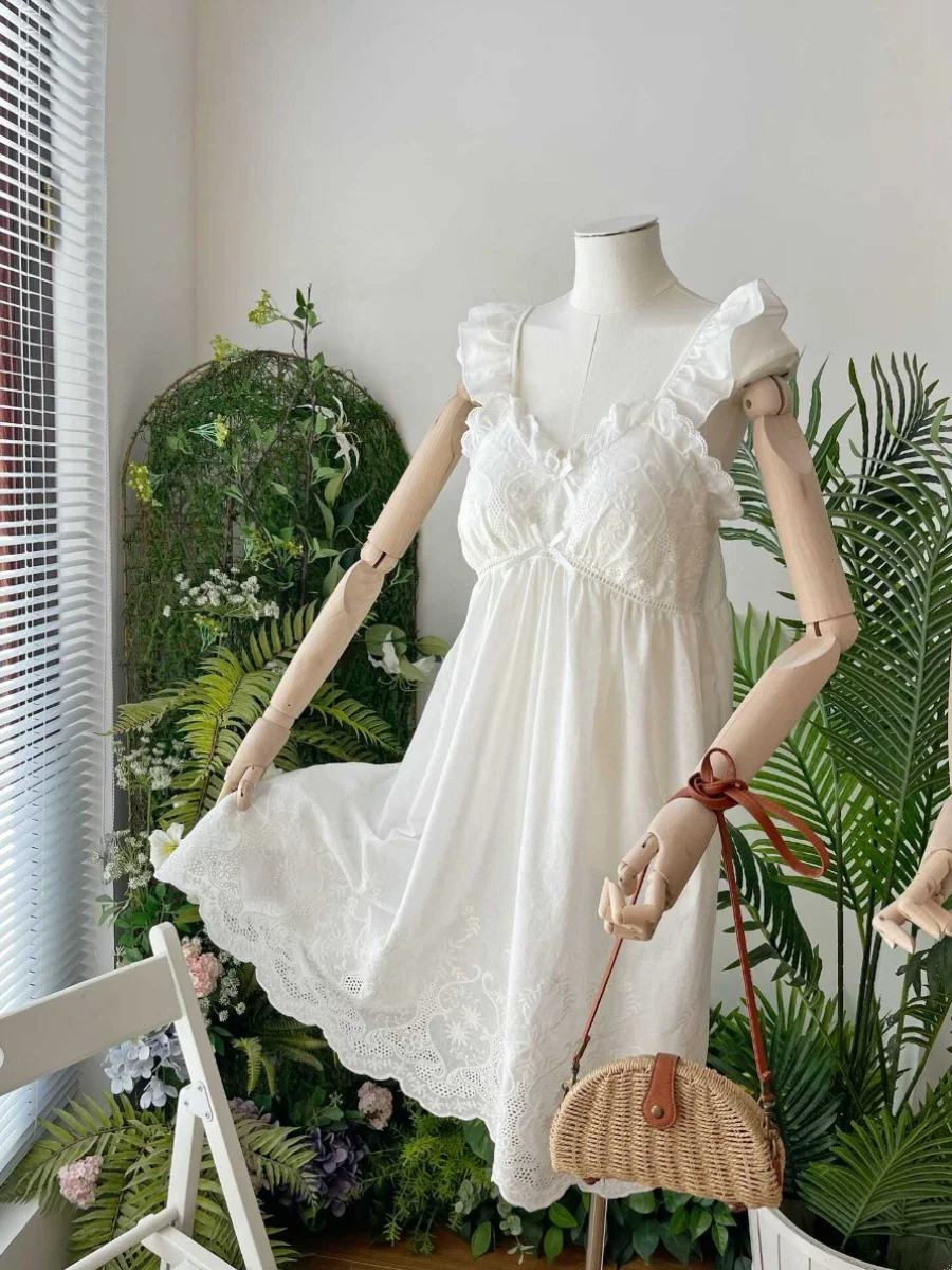 2025 Summer New Cotton Embroidered Fungus Edge Suspender Nightdress Women's Lace Court Princess Style Pajamas