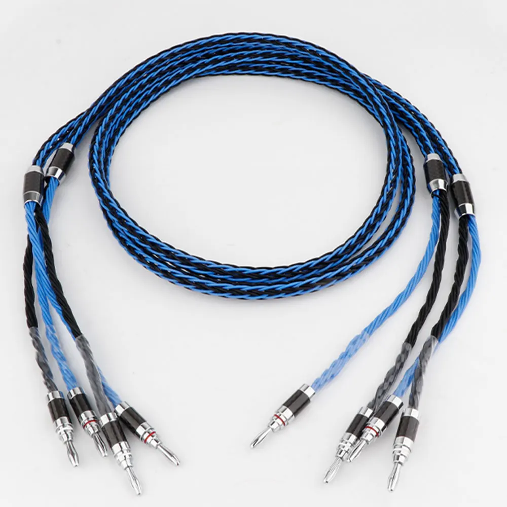 1 Pair Blue&Black Audio 8TC OCC High-End HIFI Carbon Fibre Rhodium-Plated Shovel Banana Plug 16-core Speaker Cable