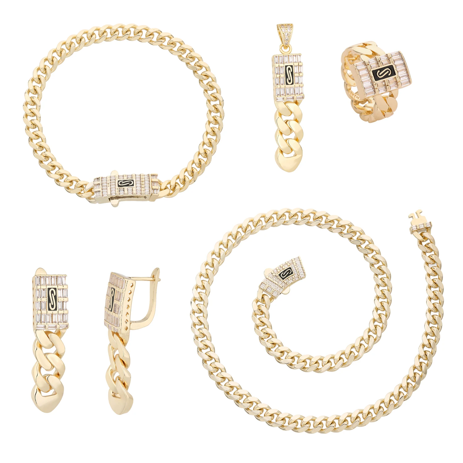 Fashion Jewelry Monaco Chain 6Mm/8Mm/10Mm Cuban Bracelet and Necklace 14K Gold Plated Ladies Anniversary Gift Set