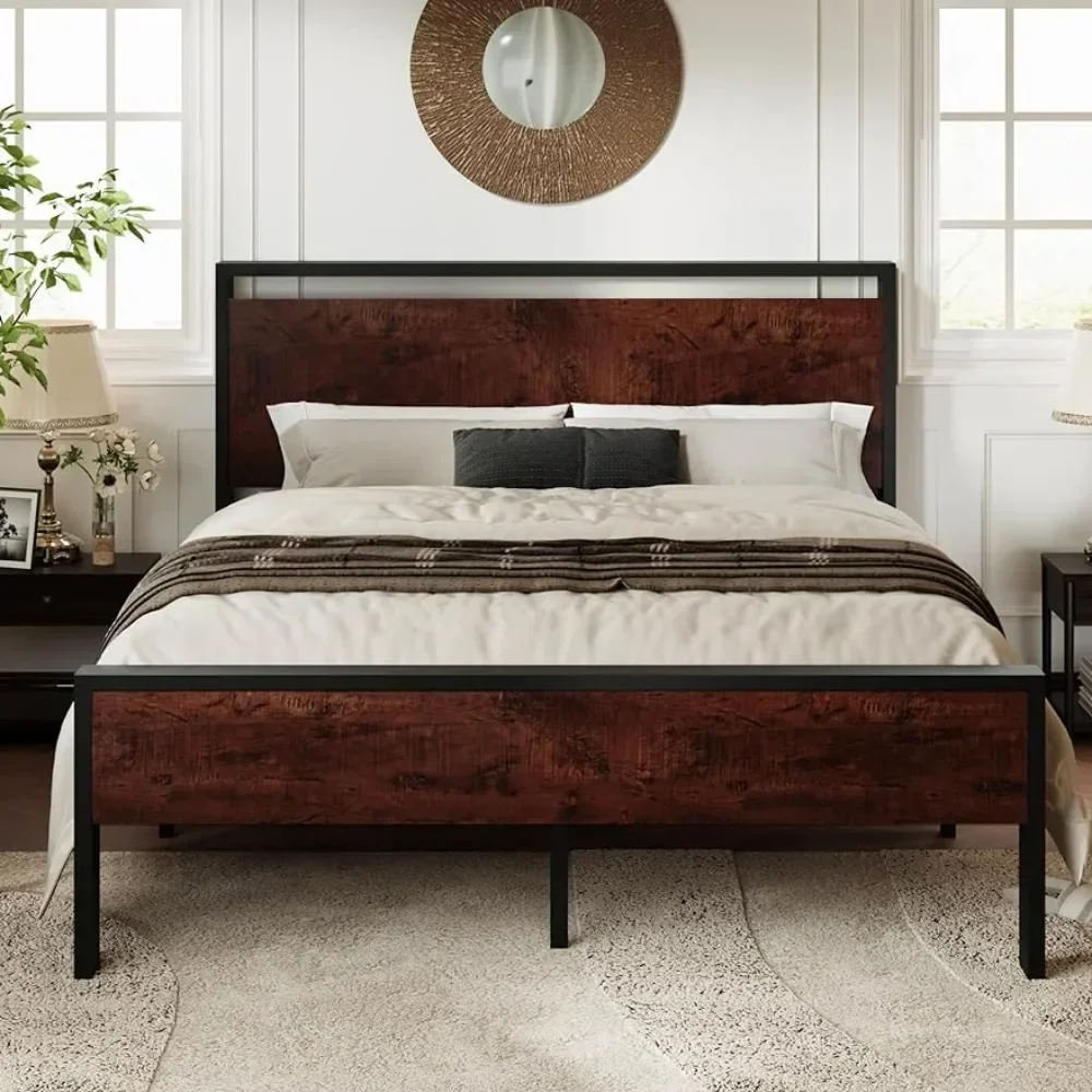 Platform bed frame with wooden headboard and footrests, heavy-duty 12 metal slats support, no box springs required