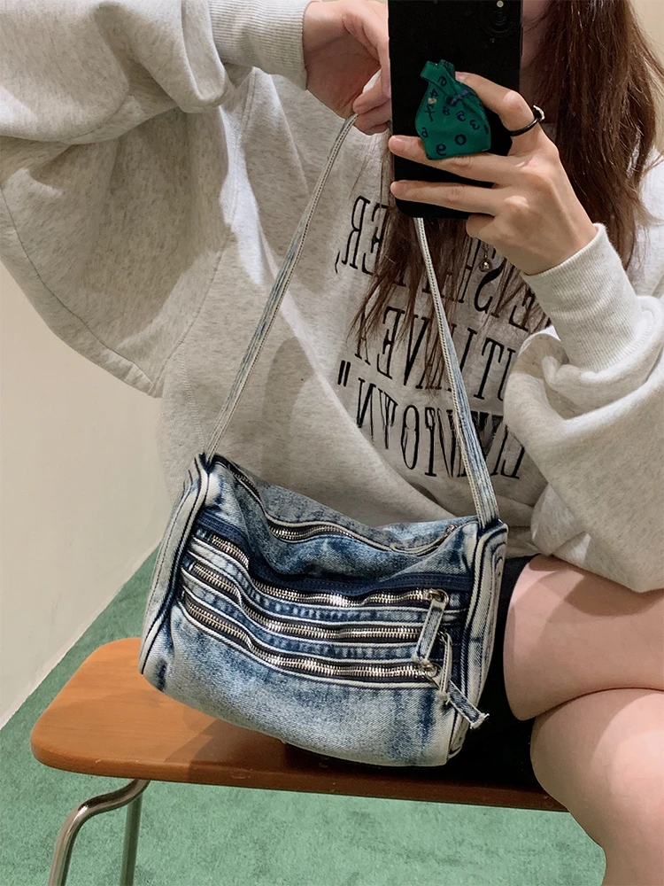 Denim canvas underarm zipper shoulder bag