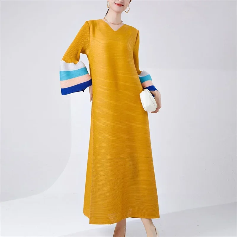 Large Size Women's Fashionable Long Dress High-end Feeling V-neck Flared Sleeves Loose Temperament Miyake Pleated Elegant Dress