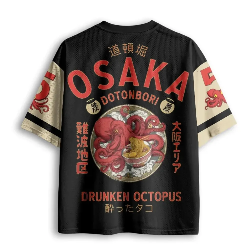 Y2K Osaka Takudōbashi Octopus Ramen 3DPrint T-Shirt for Men Women V-neck Street Outdoor Breathable Casual Parent-Child Clothing