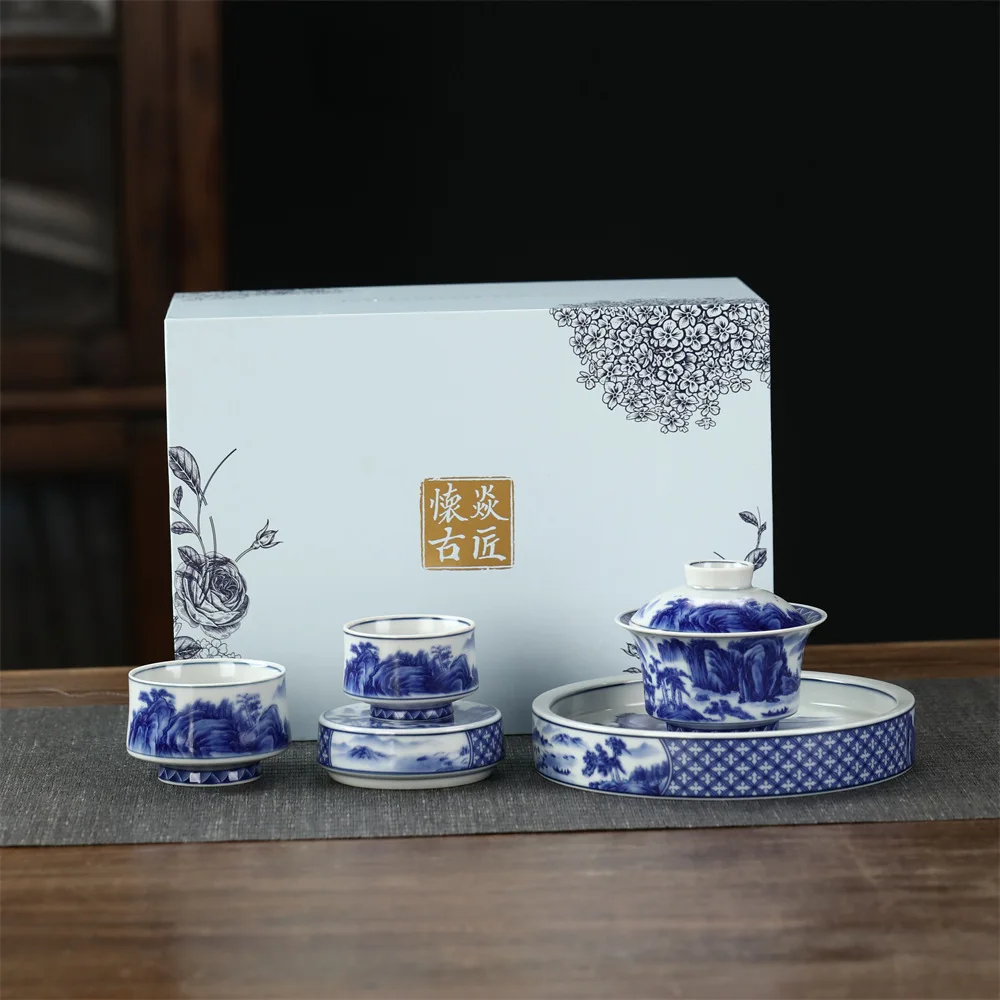 Jingdezhen Blue and White Flower Thousand-Li Landscape Tureen Tea Brewing Bowl Two-Way Hover Emperor Glaze Big Pot Retro Color