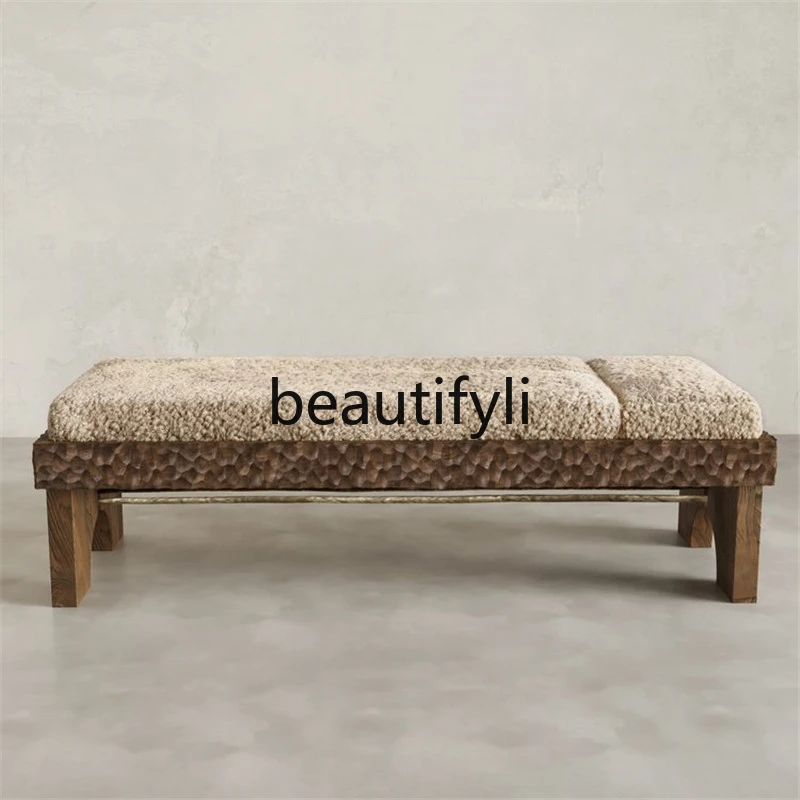 Medieval solid wood sofa stool bedside stool creative design living room lamb wool bench