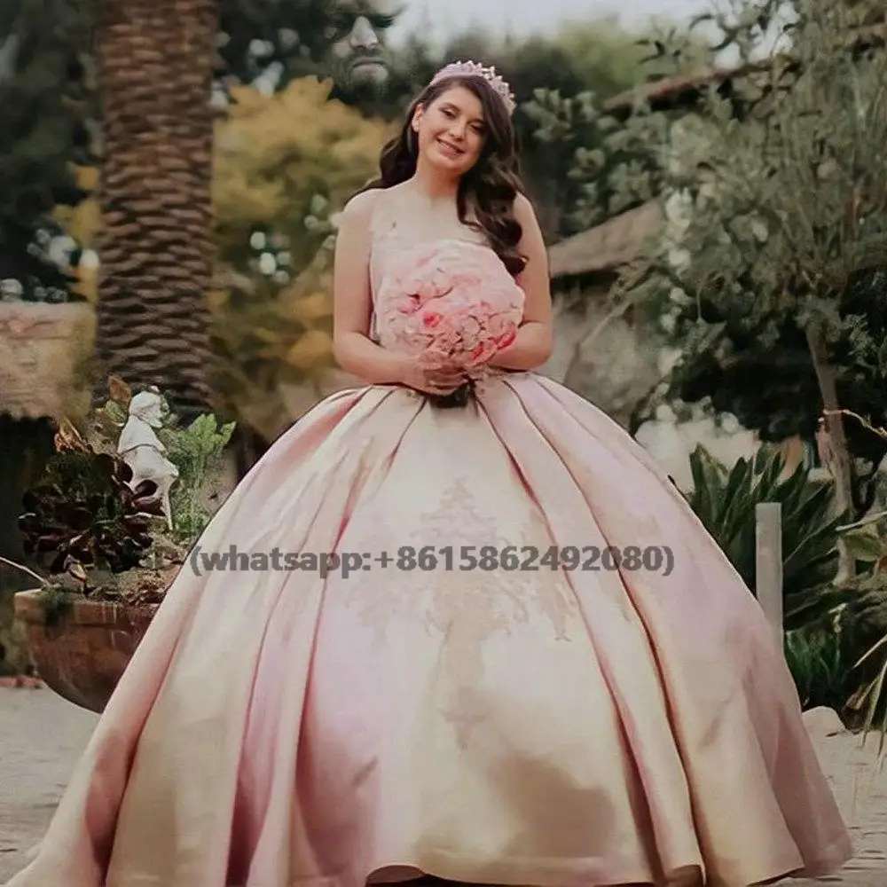 Vestido de baile de quinceañera con cuello en V de oro rosa, vestidos de quinceañera sin mangas, Apliques de encaje, dulce 15 vestido de fiesta de graduación