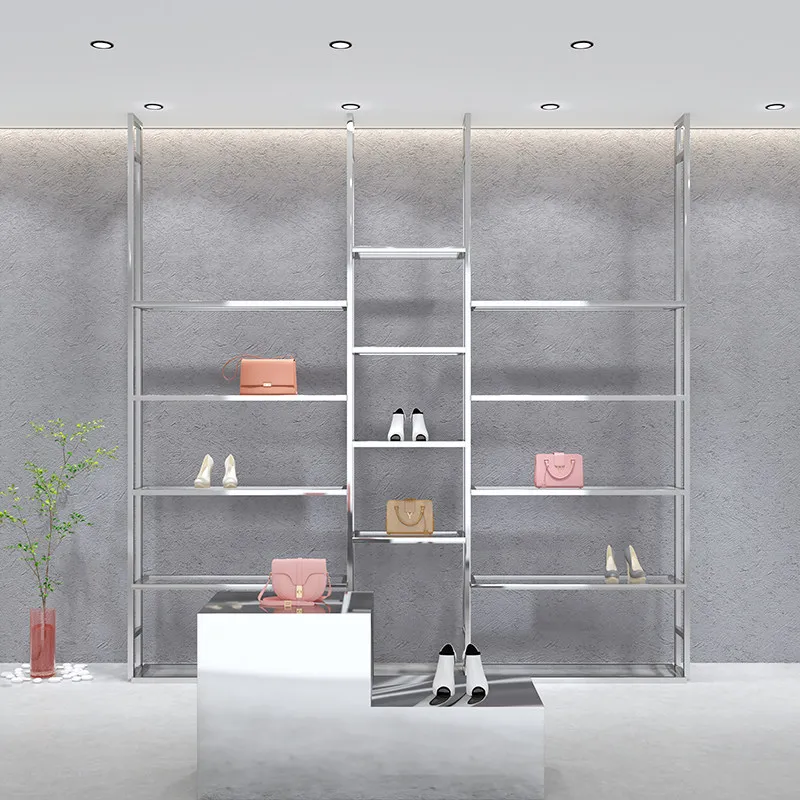 Shoe store shoe rack display rack, wall-mounted column, stainless steel shoe shelf, clothing store bag display rack