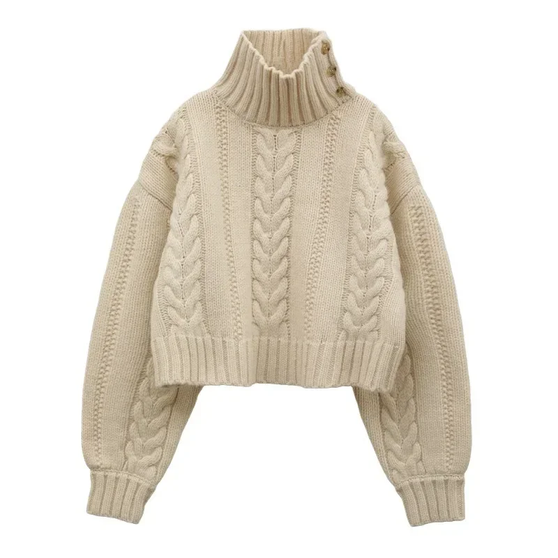 CL @ E-Women's Thick Fried Dough Sweater, High Neck, Thick, Long Sleeve, Knitting Short Pullover, Autumn, Winter, 2024, LUXURY