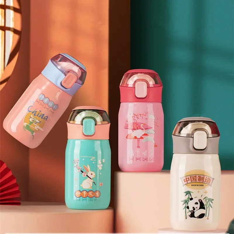 1PCS,370ml Children's Thermal Water Bottle With Bouncing Lid,Double-layer Stainless Steel Thermos Cup,Drinkware,Vacuum Flasks