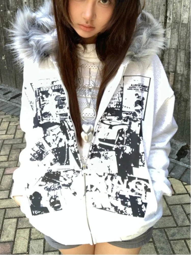 

Faux Fur Coats Hooded Women Unique Gothic Harajuku Y2K Clothing Casual Subculture Punk Emo Sweatshirts Japanese Fashion Y2k Tops