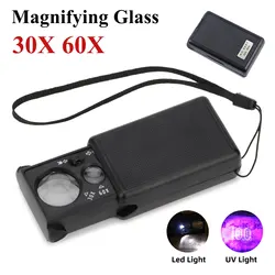 30X 60X Pocket Jewelry Magnifier Slide Out Illuminated Magnifying Glass with LED UV Light Handheld Loupe Lens For Diamond Coins