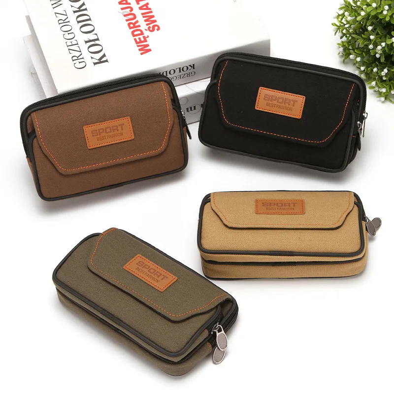 Multi Layer Men Phone Pouch Belt Waist Bag Fanny Pack Canvas Outdoor Camping Key Small Pocket Design Belt Pouch Purse for Phone