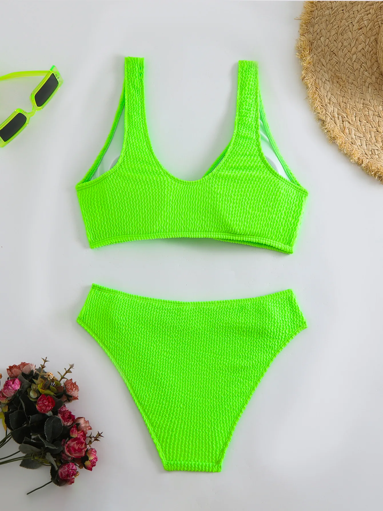 Neon Green High Waist Bikini Sets Sexy Crinkle Brazilian Biquini Swimsuit Two Pieces Swimwear Women 2025 Bathing Suits Beachwear