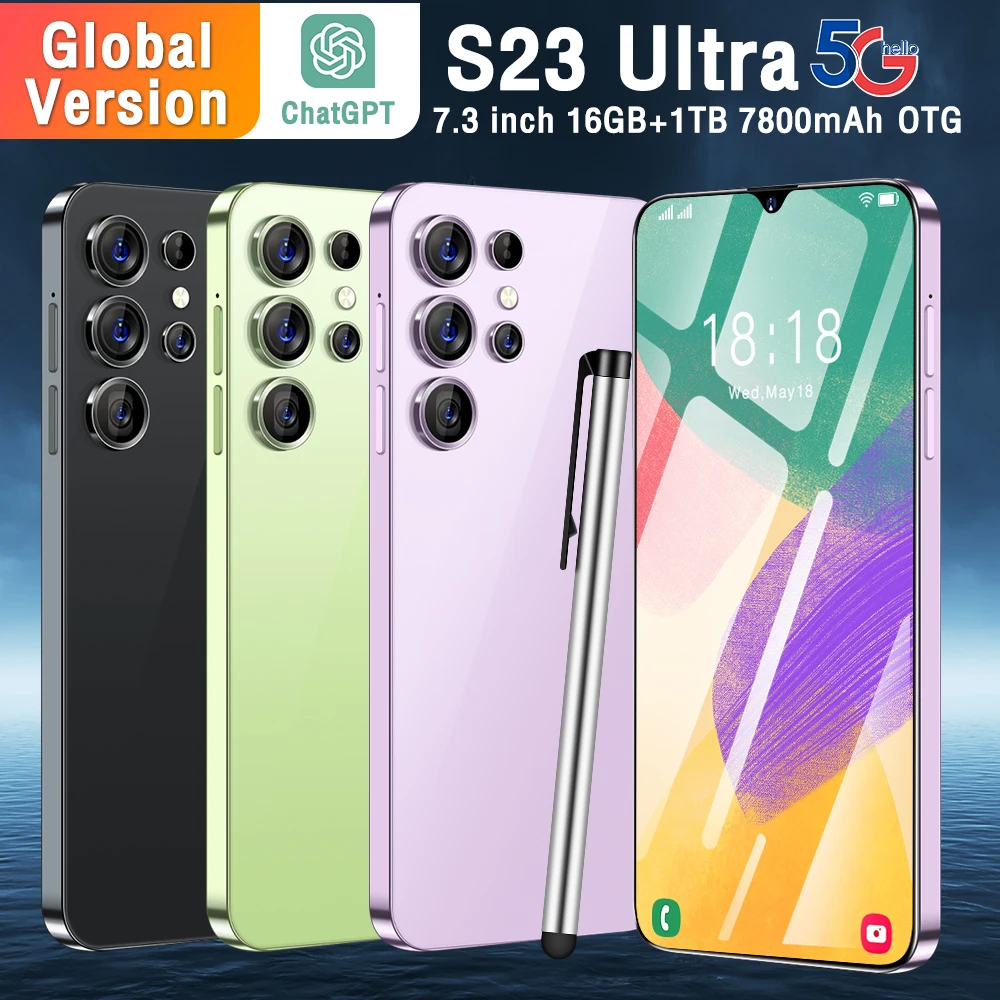 Global Version S23Ultra 5G Smartphone 7.3 Inch 16GB +1024GB Snapdragon 8 gen2,108 MP Camera 7800Mah Battery Android Phone