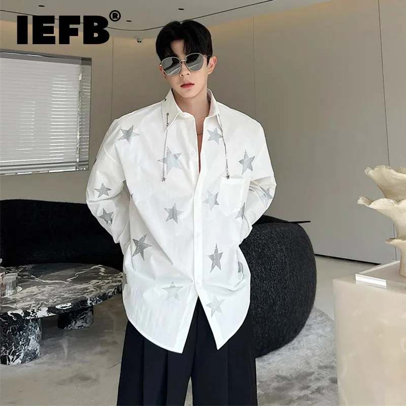 

IEFB Niche Design Men's Shirt Stars Printing Single Breasted Top Turn-down Collar Contrast Color Male Loose Clothing Tide 9A8546