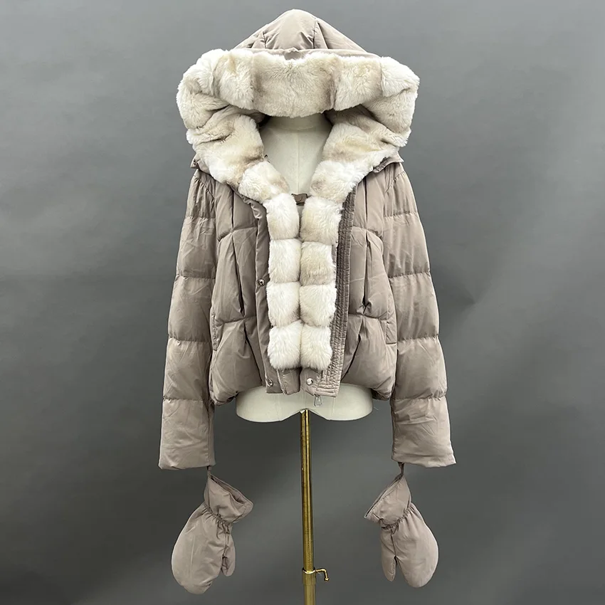 JANEFUR 冬ホワイトグースダウンジャケット大レックスウサギの毛皮フード付きパファージャケット女性厚く暖かいニットスリーブ JFB8-25009