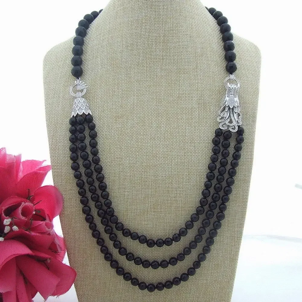 3 strands 8mm-10mm faceted round black jade necklace micro inlay zircon dragon head buckle dragon accessories necklace