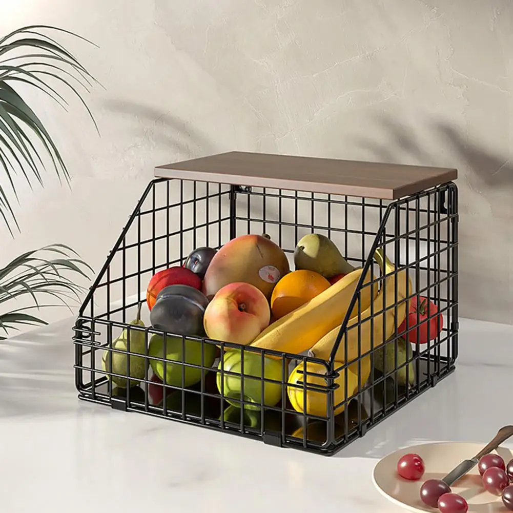 1 Set Vegetable Storage Basket Fruit Storage Basket Metal Wall-mounted Fruit Vegetable Organizer with Hooks Foldable for Spices