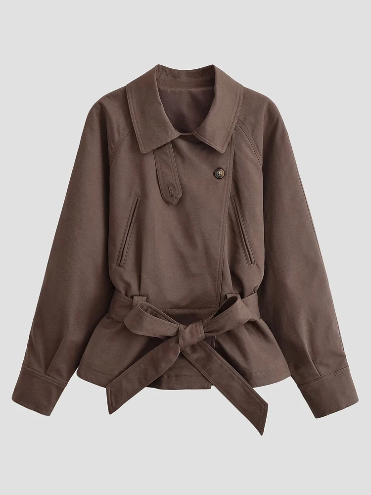 Commute Trench Coat Lapel Asymmetric Placket Waist Tie Belt Raglan Sleeve Zipper Pockets Spring Autumn Daily Vintage Outerwear
