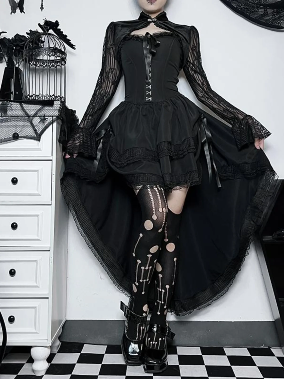 Gothic-Lolita-Halloween-Kostüm, tailliert, sexy Dr. Long Sve One-Shoulder-Rock, romantische Festival-Kleidung